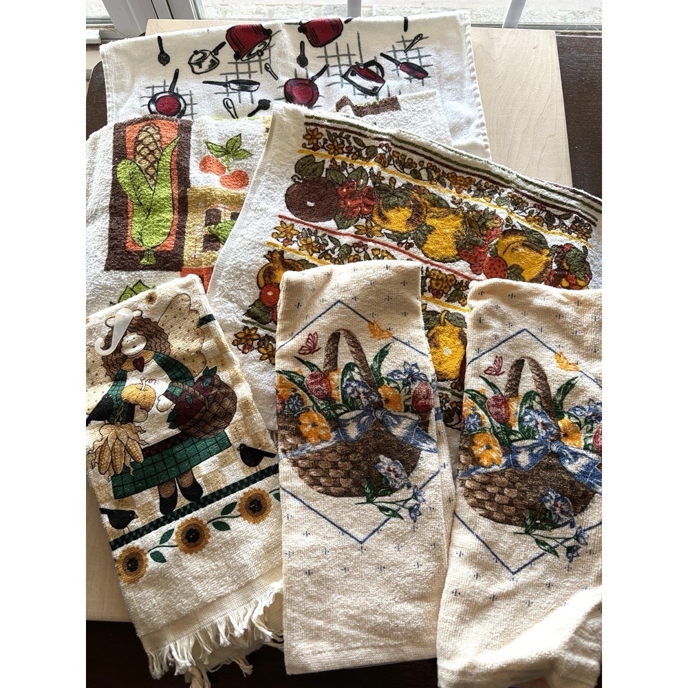 Vtg 1980s Kitchen Towel LOT of 6 Unused Fruit Flower Basket Pots Pans Veggies